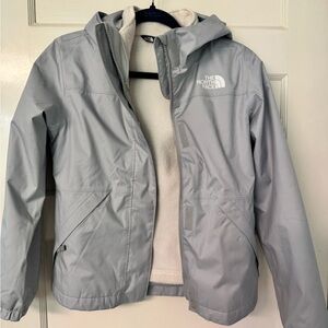 The North Face Kids Light Gray Rain Jacket with White Fleece Lining
